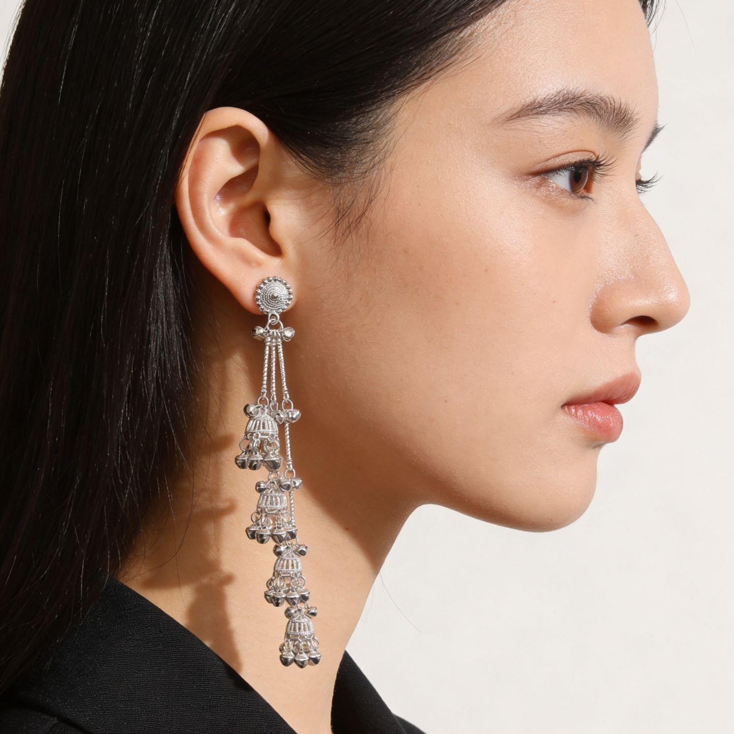 Silver Multi Jhumka Tassel Kashmiri Earrings