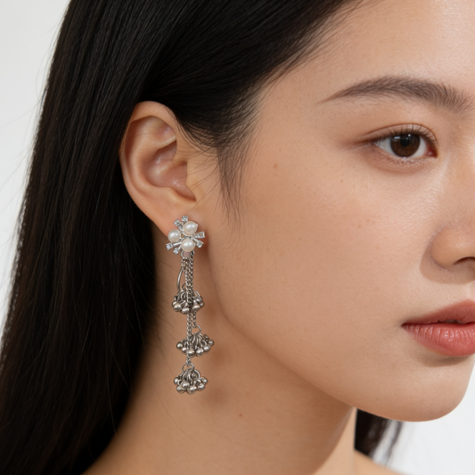 Pearl Cluster Silver Chain Kashmiri  Earrings