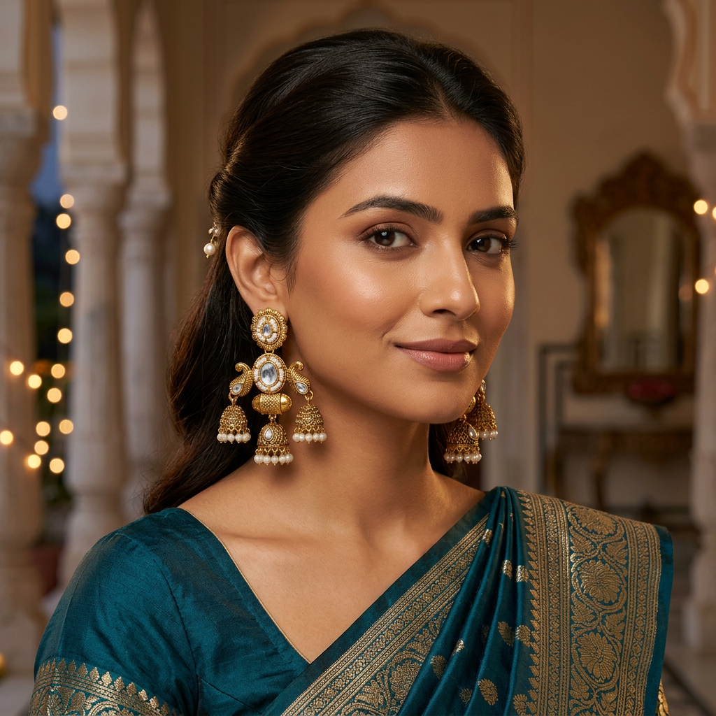 Antique Gold-Toned Multi-Jhumki Kundan Earrings