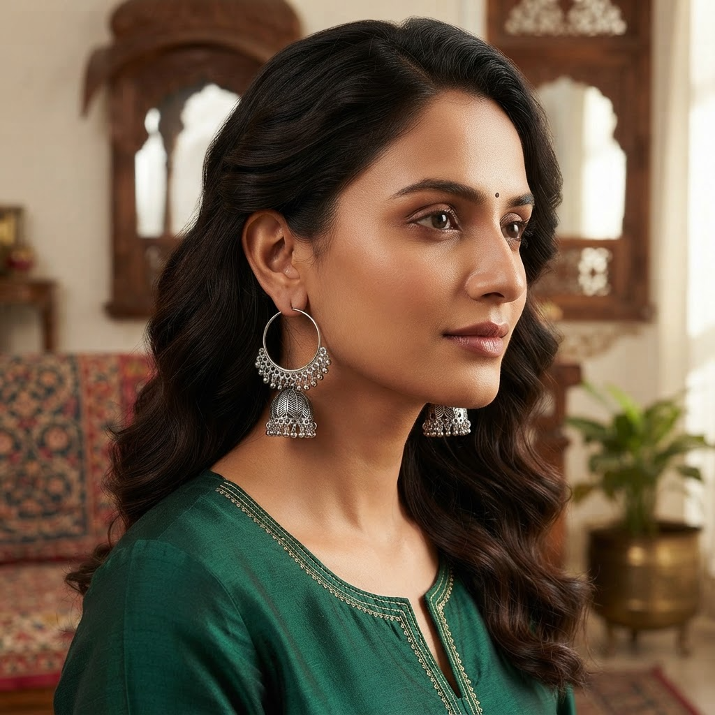 Oxidised Silver Leaf Jhumka Hoop Earrings