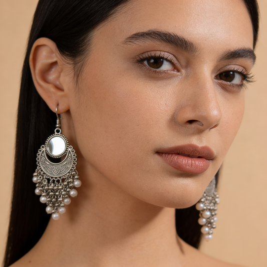 Oxidised Silver Mirror Chandbali Earrings