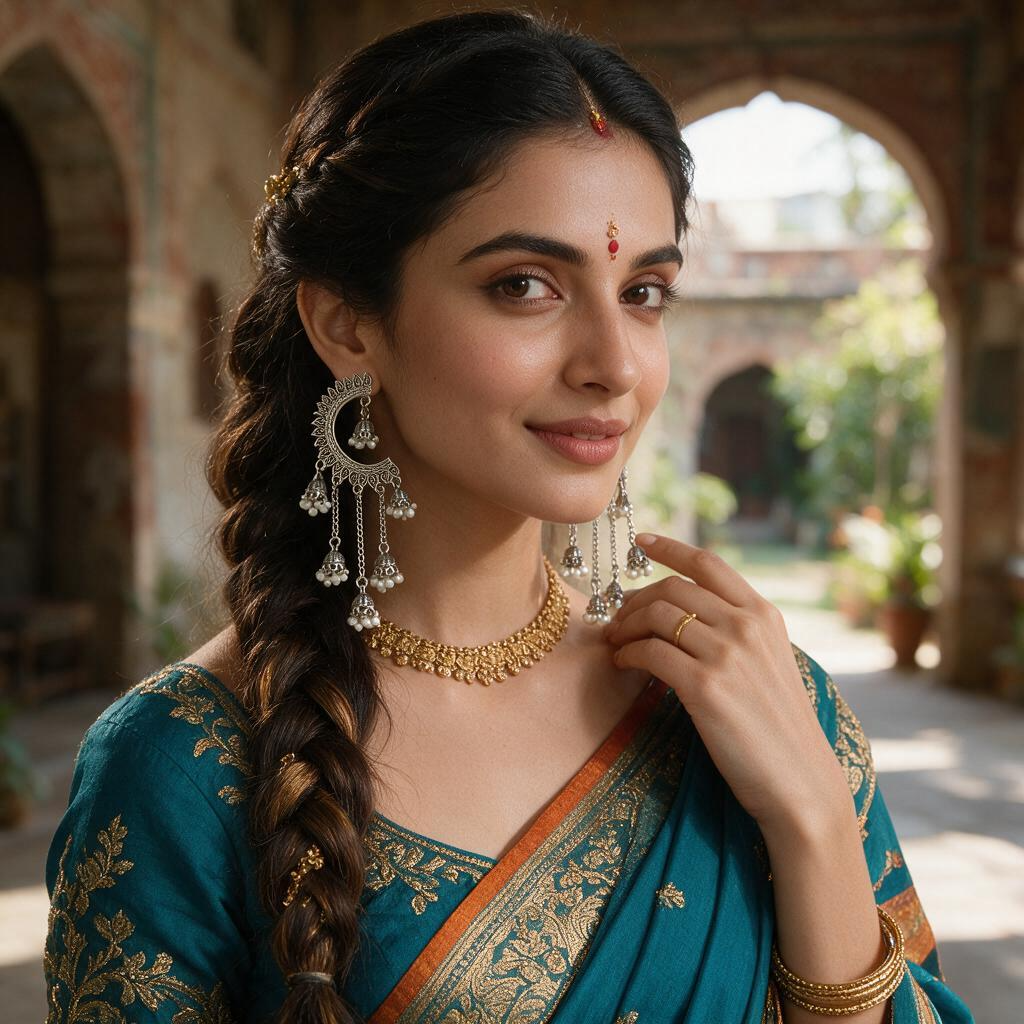 Oxidised Silver Crescent Pearl Tassel Earrings