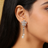 Flower Hang Silver Pearl Drop Earrings