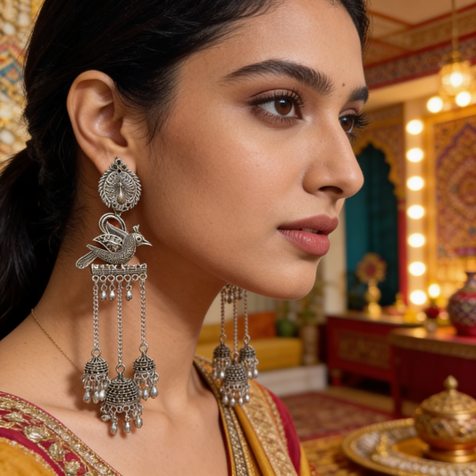 Peacock Lobe Bird Big Drops Oxidised Earrings