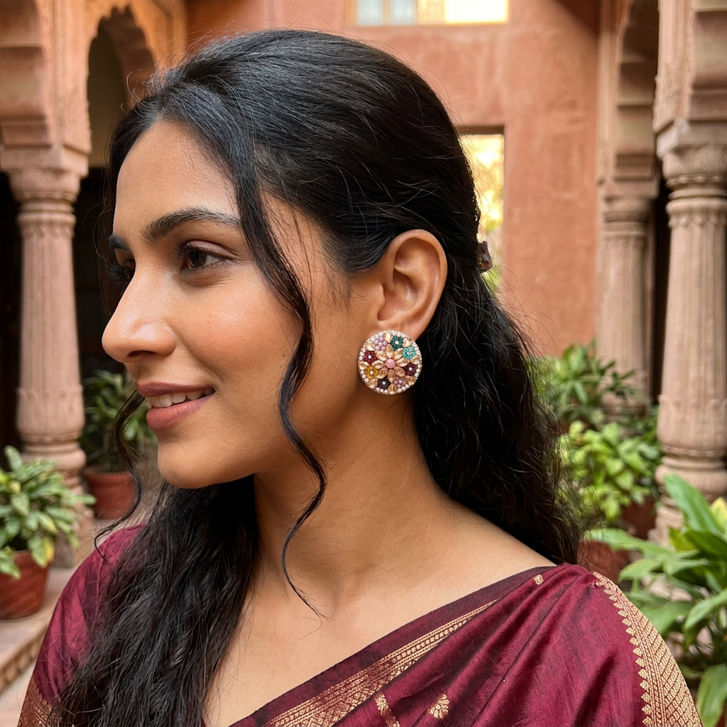 Multicolor Floral Round Stud Earrings
