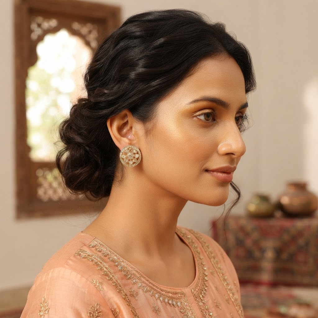 Golden Kundan-Style Round Stud Earrings