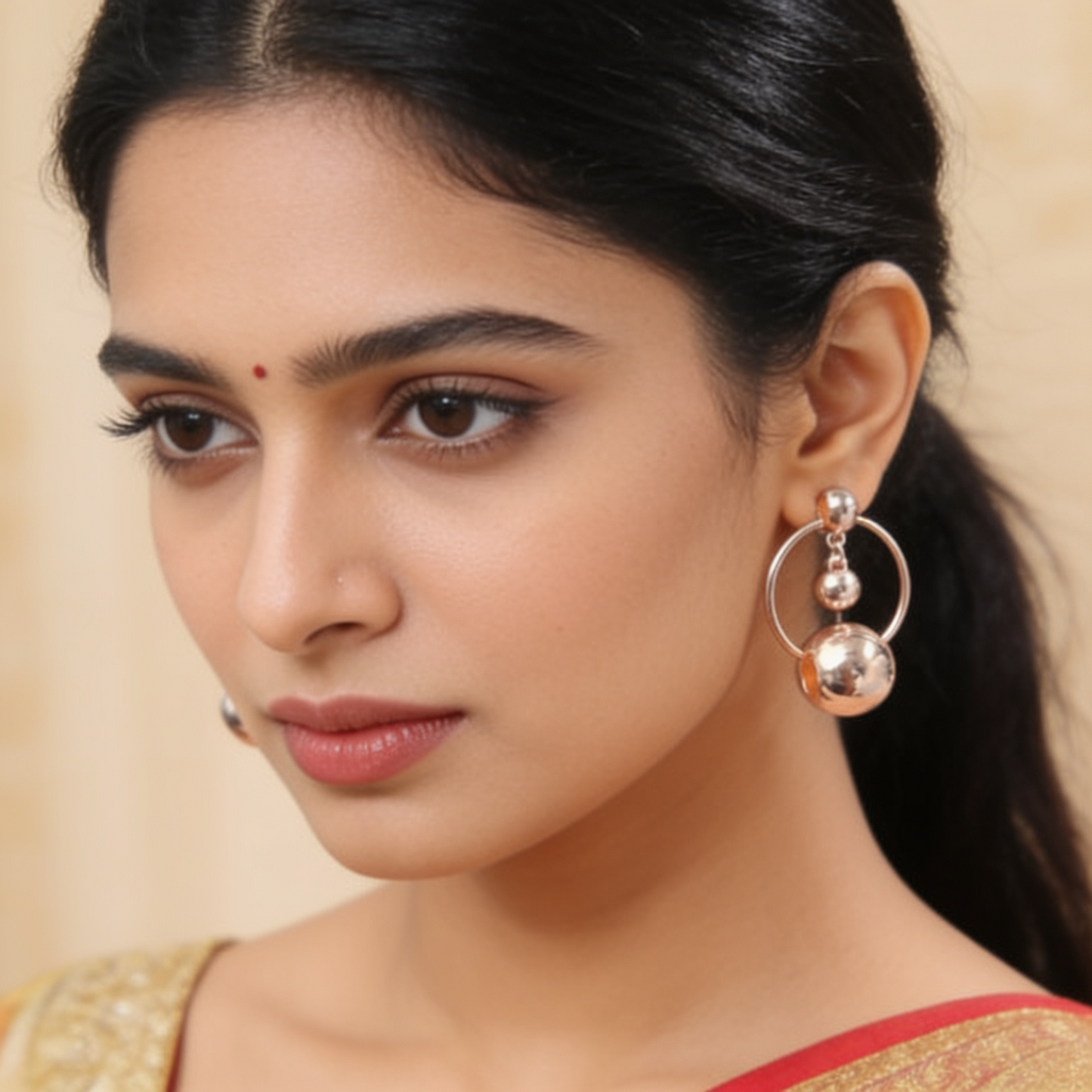 Rose Gold Sphere Hoop Drop Earrings