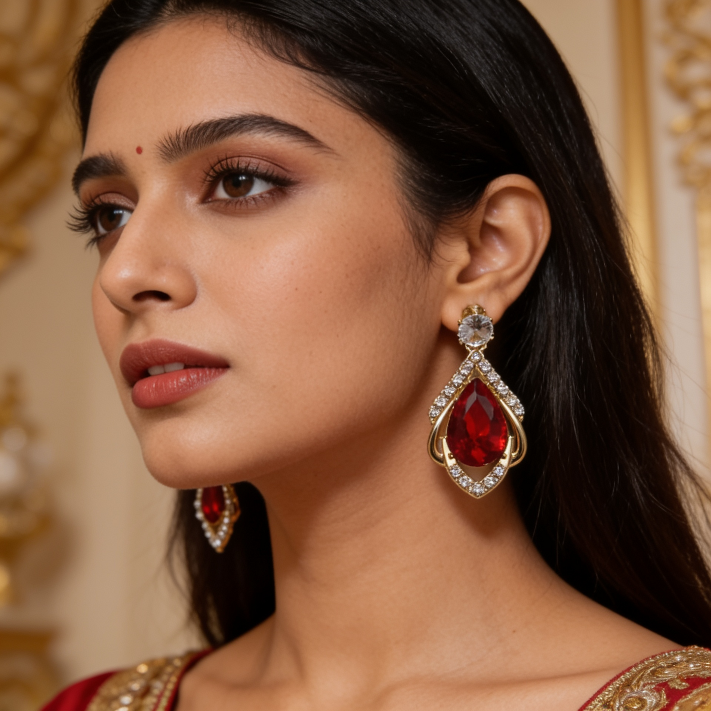 Ruby Red Teardrop Crystal Drop Earrings