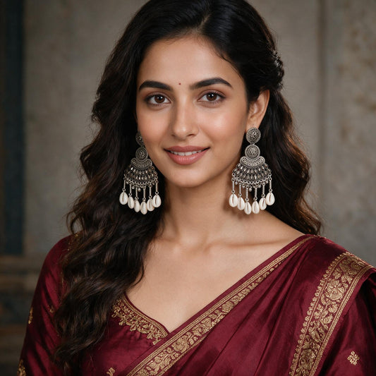 Oxidised Silver Shell Charm Chandbali Earrings