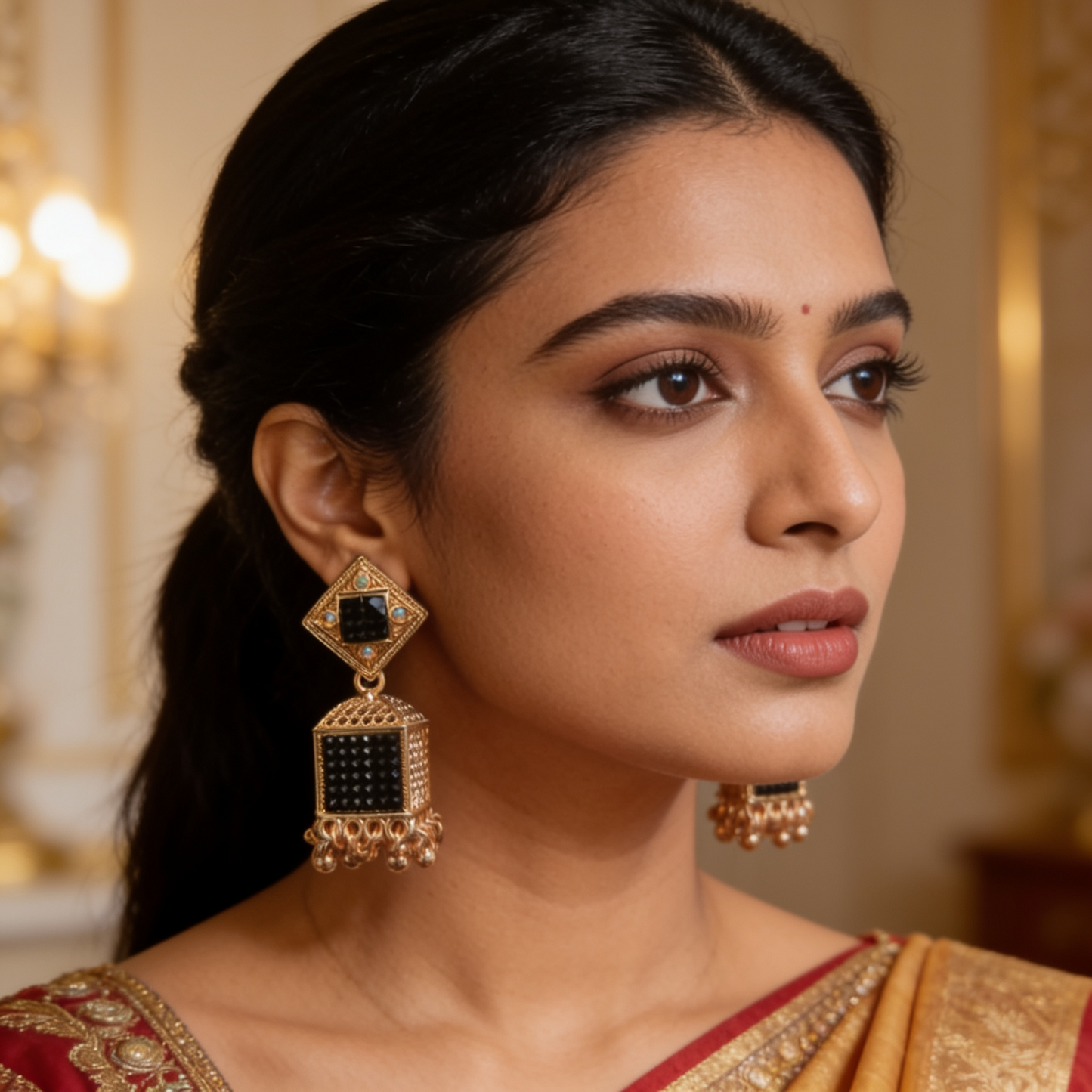 Rose Gold Black Square Jhumka Earrings
