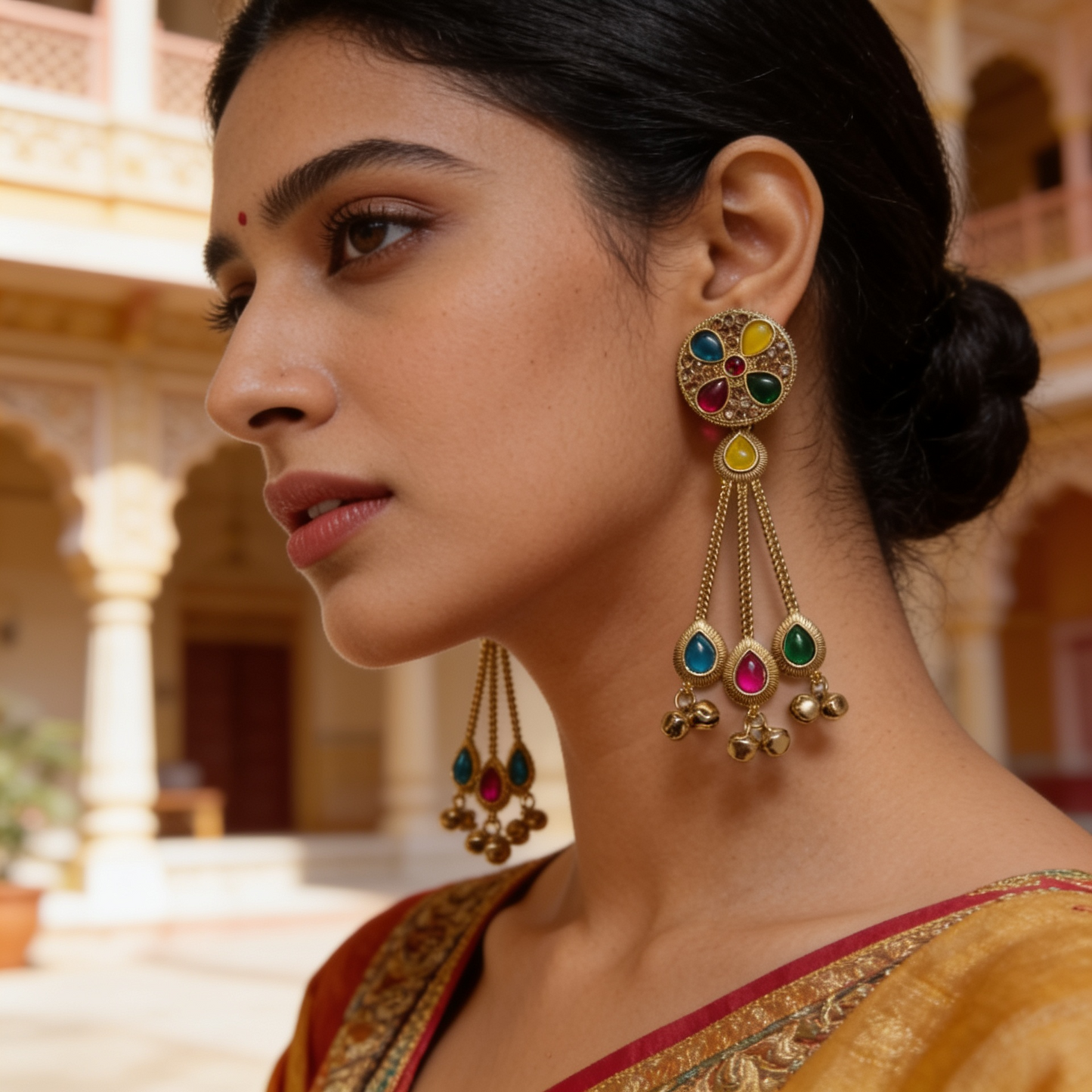 Multicolour Kundan Long Tassel Earrings