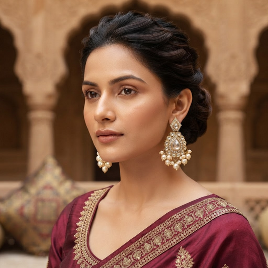 Gold-Plated Kundan Pearl Drop Earrings