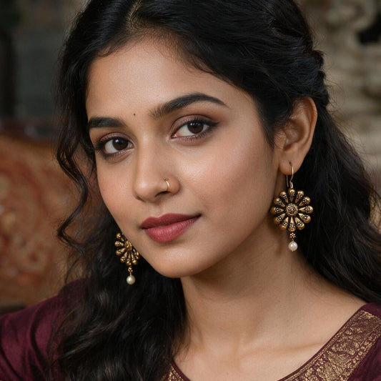 Antique Gold Floral Pearl Drop Earrings