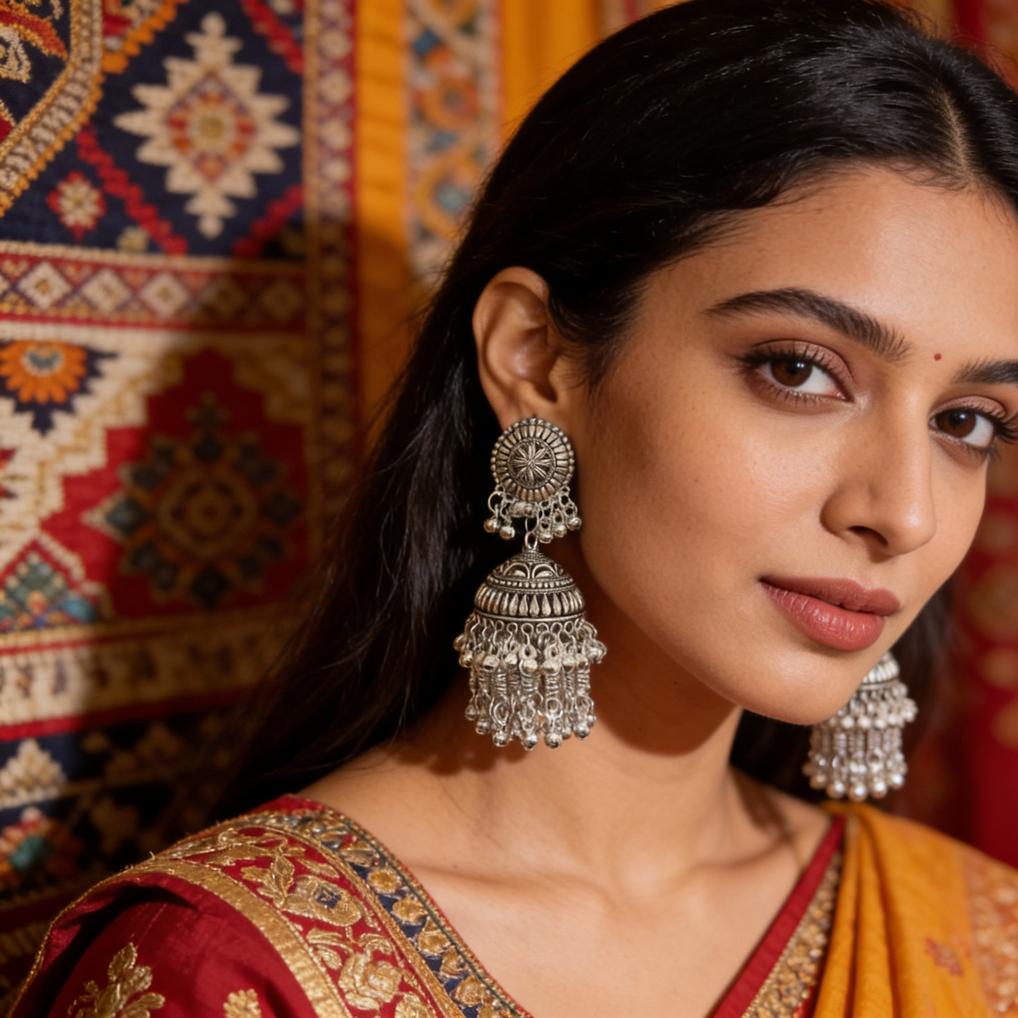 Circle Lobe Long Hanging Oxidised Jhumka Earrings