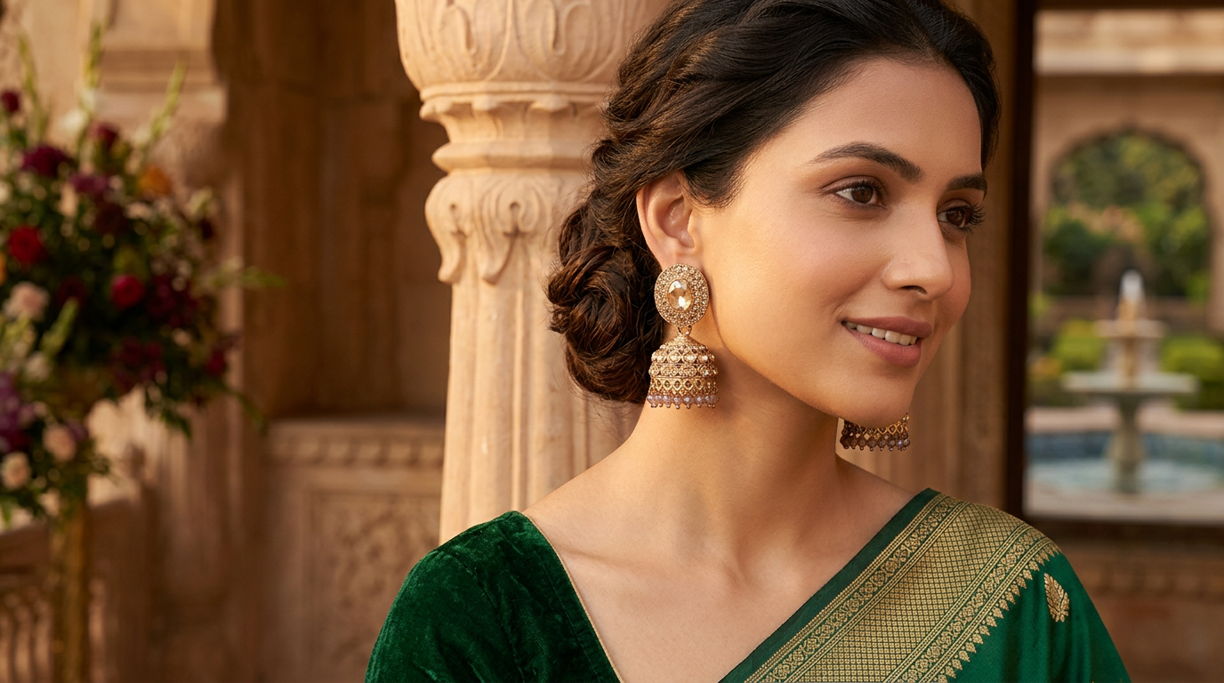 Golden Kundan Crystal Jhumka Earrings