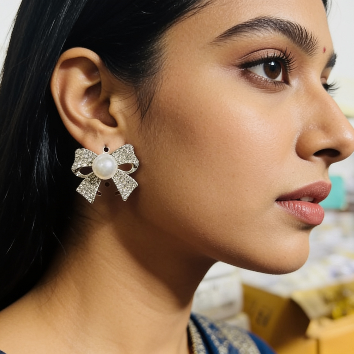 Bow Earrings Golden & Silver Pearl Set