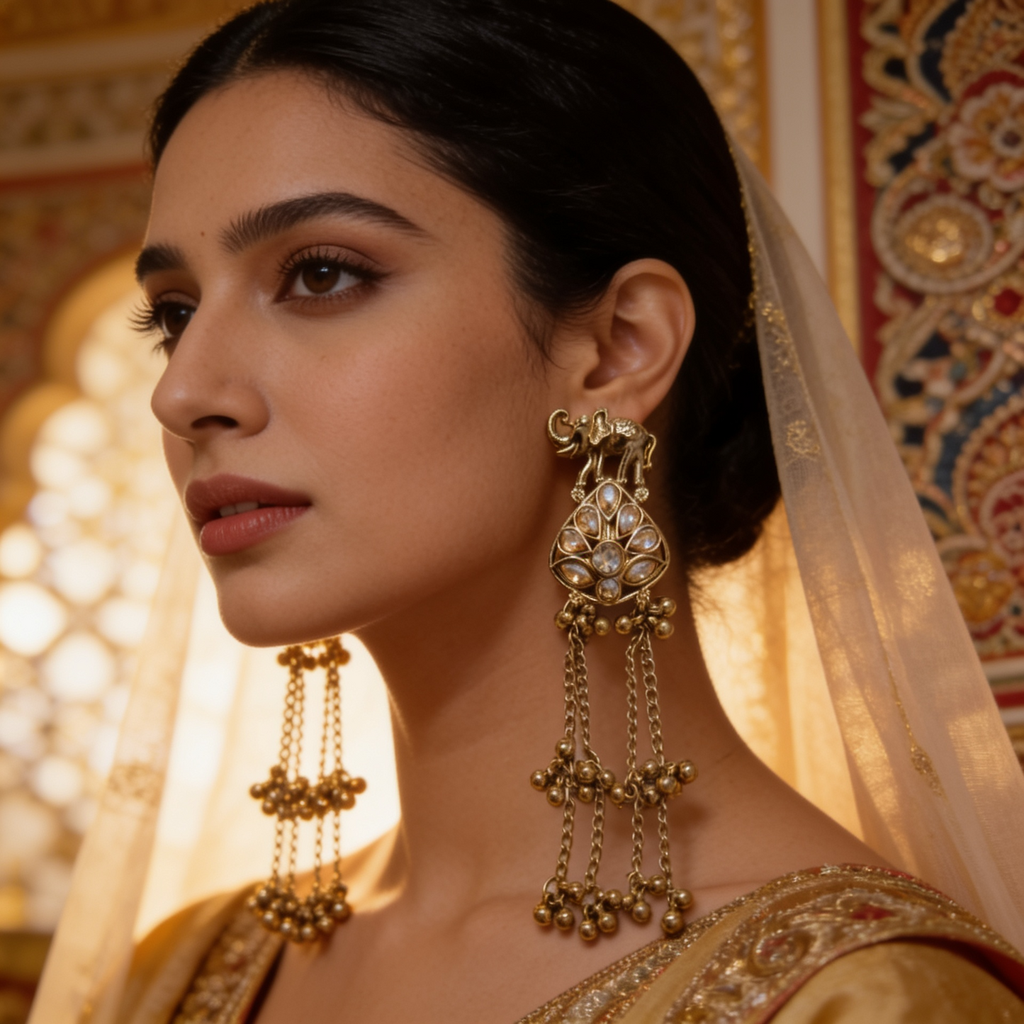 Antique Gold Elephant Kundan Chain Tassel Earrings