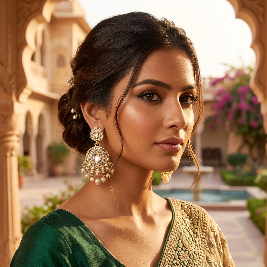 Golden Kundan Pearl Jhumka Earrings