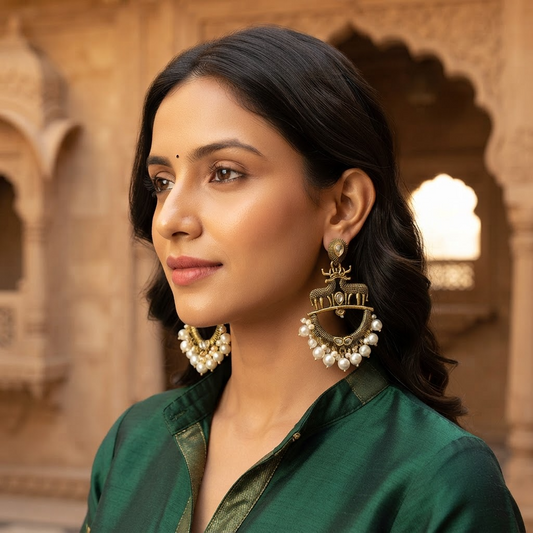Antique Gold Deer Motif Pearl Chandbali Earrings