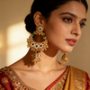 Traditional Gold-Plated Green & Red Stone Pearl Chandbali Jhumka Earrings