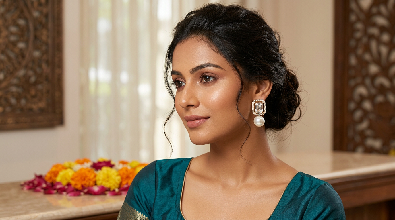 Crystal Square Pearl Drop Earrings