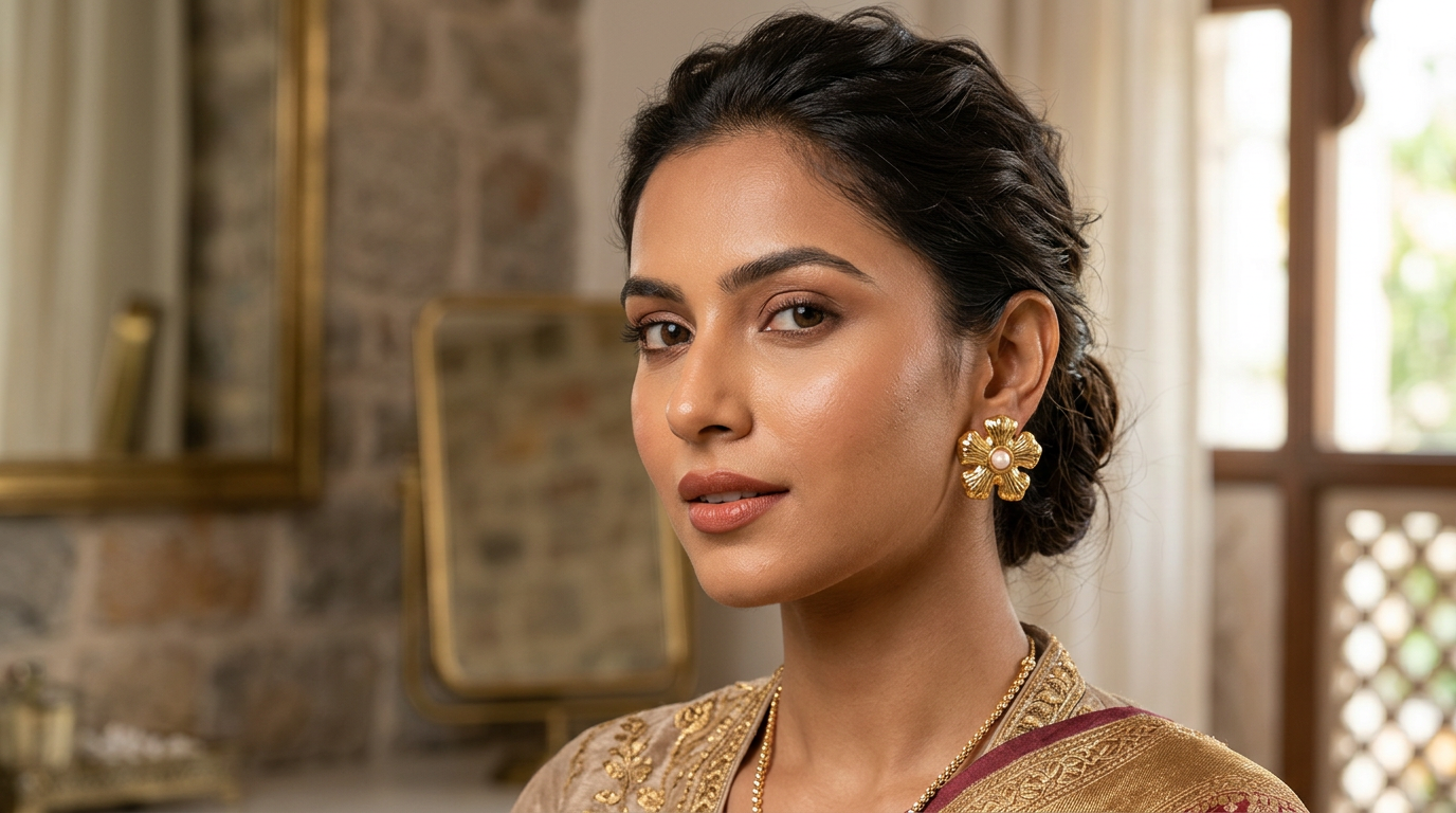 Golden Floral Pearl Stud Earrings