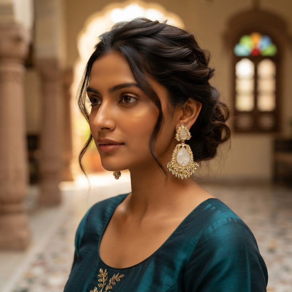 Regal White Kundan Teardrop Statement Earrings