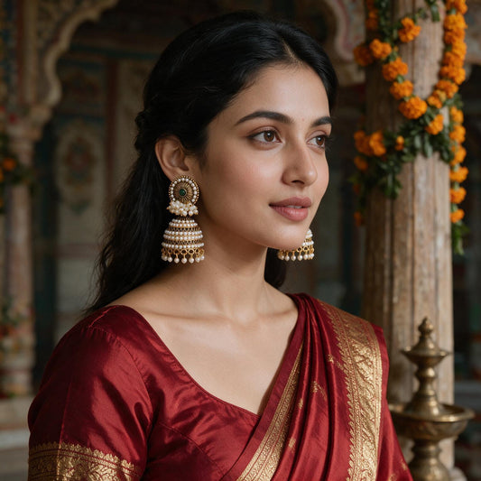 Green Stone Pearl Kundan Jhumka Earrings