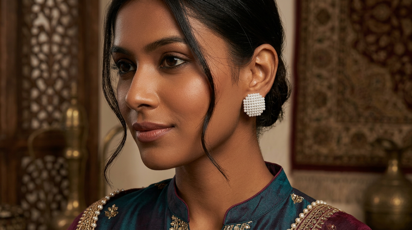Pearl Beaded Square Stud Earrings