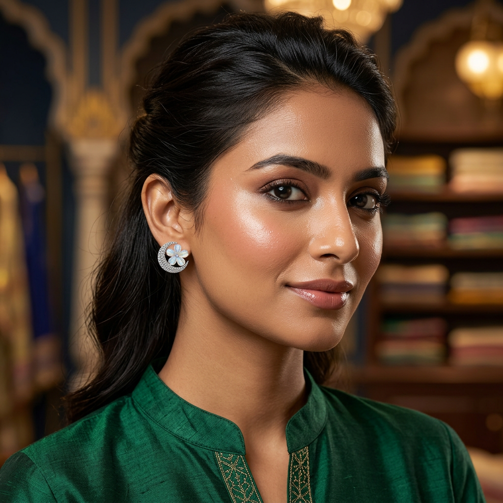 Crystal Crescent Floral Stud Earrings