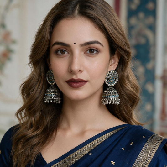 Peacock Enamel Oxidised Jhumka Earrings