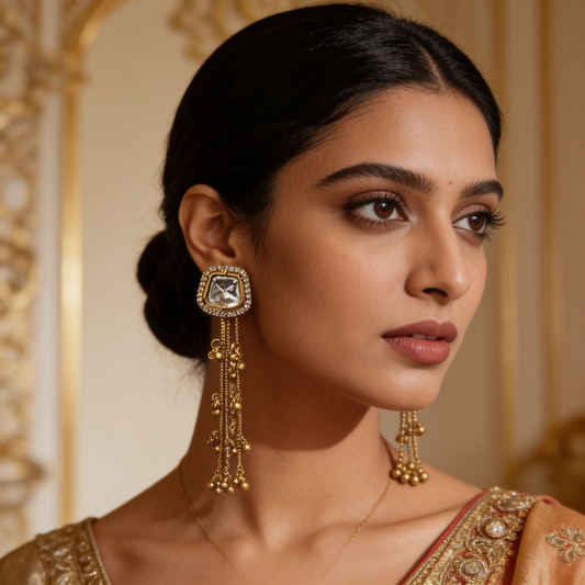 Gold Square Kundan Tassel Earrings
