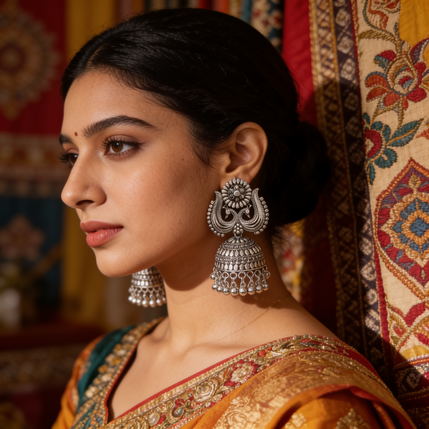 Oxidised Silver Peacock Statement Jhumka Earrings