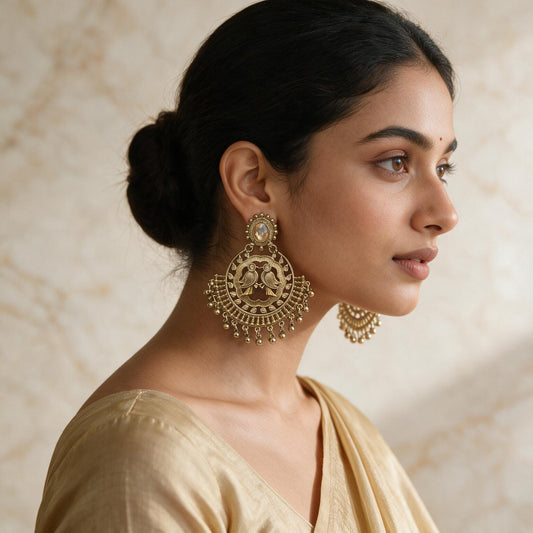 Antique Gold Bird Motif Chandbali Earrings