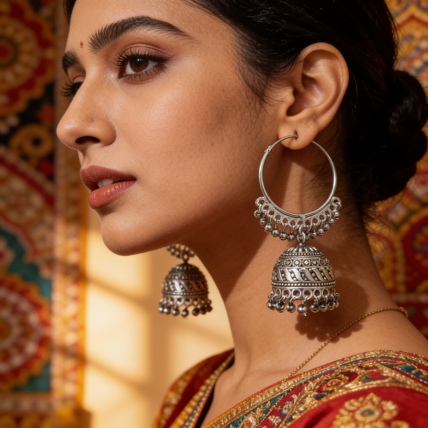 Oxidised Silver Hoop Jhumka Earrings