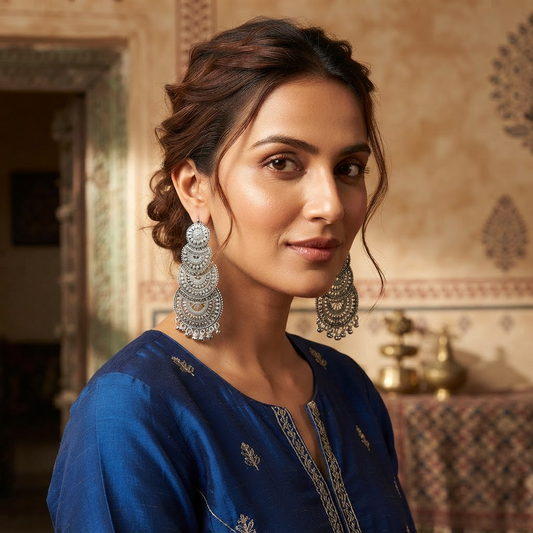 Layered Oxidised Silver Chandbali Statement Earrings