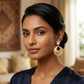 Gold Ribbed Round Drop Earrings with Square Crystal Studs