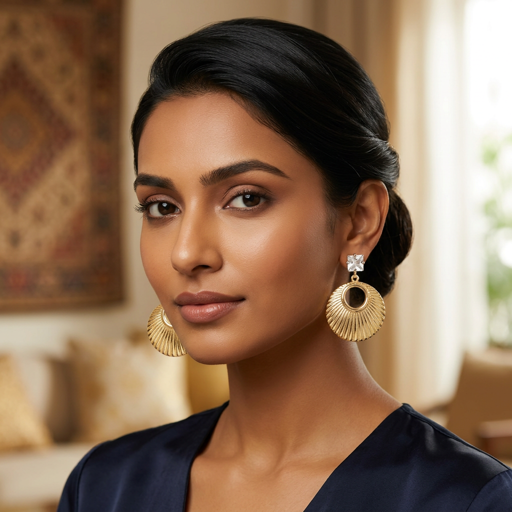 Gold Ribbed Round Drop Earrings with Square Crystal Studs