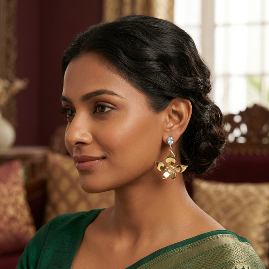 Golden Floral Drop Earrings with Blue Crystal Stone