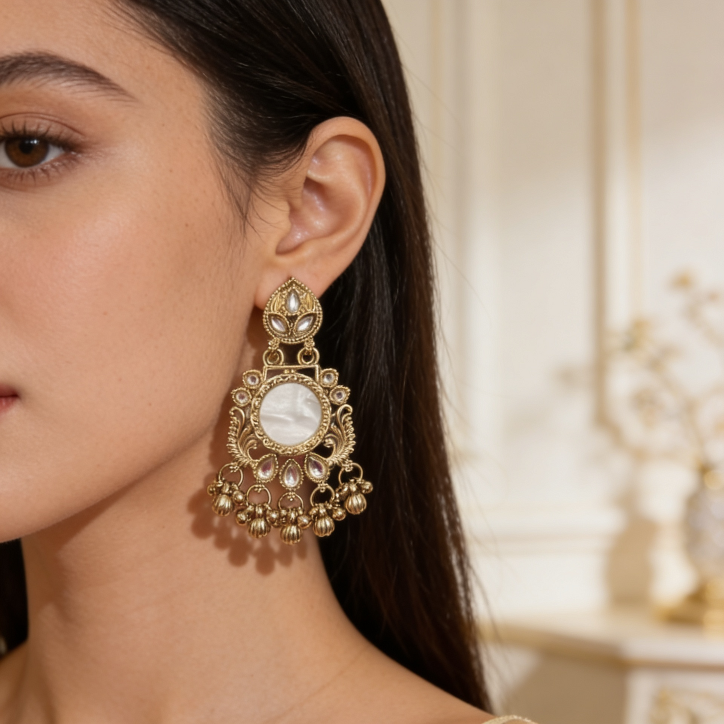 Gold Pearl Kundan Chandbali Earrings