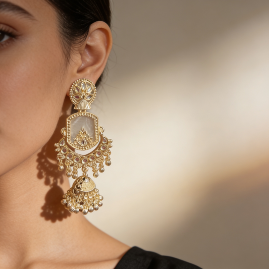 Gold Pearl Jhumka Chandbali Earrings