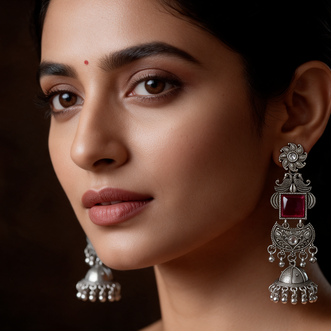Oxidised Silver Stone Jhumka Drop Earrings