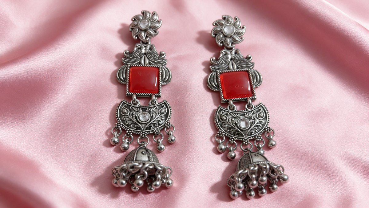 Oxidised Silver Stone Jhumka Drop Earrings