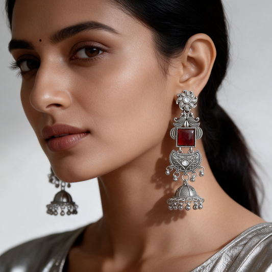 Oxidised Silver Stone Jhumka Drop Earrings
