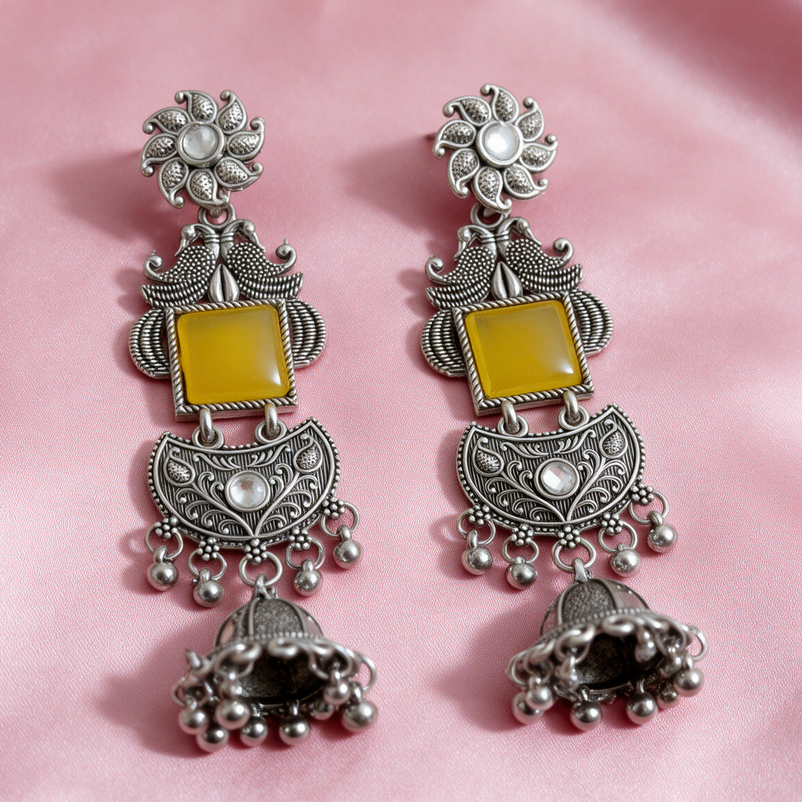 Oxidised Silver Stone Jhumka Drop Earrings