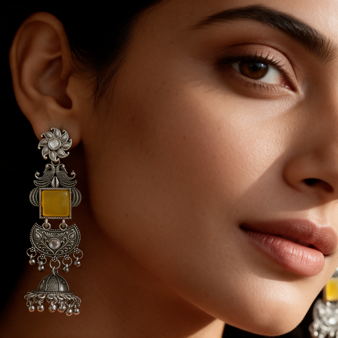 Oxidised Silver Stone Jhumka Drop Earrings
